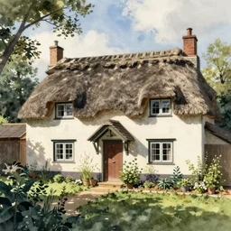 old thatched cottage with a front garden among the trees, watercolor