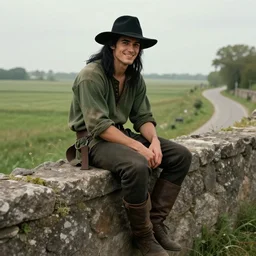 medieval young male thief sitting on a stand alone wall on a field by the side of a road, smiling, long black hair, black felt hat and washed out green olive shirt by stanley artgerm lau, wlop, rossdraws, frank frazetta, andrei riabovitchev, marc simonetti, tranding on artstation