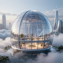 a futuristic glass dome house designed by zaha hadid, futuristic city background, clouds, octane render, ray tracing, cinematic