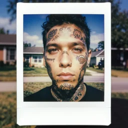 detailed color analog medium format photo made by harmony korine, polaroid photo of person with face tatoos in american suburbs, high production value, intricate details, 8 k resolution, hyperrealistic, hdr, photorealistic, high definition, tehnicolor, award - winning photography, masterpiece, amazing colors,