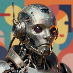detailed character concept art portrait of a detailed and hi - tech diesel punk robot ’ s face, depth of field background, artstation, award - winning realistic sci - fi concept art by greg rutkowski and yoshitaka amano, in the style of james gurney, flat pop color surrealist illustration.