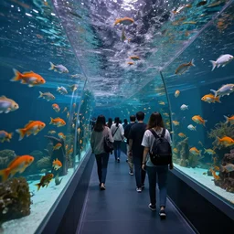 people observing lots of beautiful fish in an underground aquarium corridor, in the style of frank neidhardt, fantasy art, ray tracing, water droplets, highly detailed, artstation trend, highly detailed and intricate, sharp focus, photography, unreal engine 5