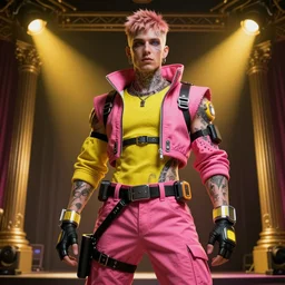 cyberpunk photorealistic character, tech wear outfit, wearables, dramatic arts, theater, pink and yellow, edgy, tattooed, awe inspiring, artstation hd, 8 k, detailed, intricate, ornate, studio lights, golden ratio, masterpiece
