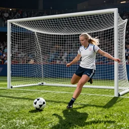 Katniss Everdeen about to kick a ball into a goal, at the World Cup, Sigma 24 mm f/8 1/1000 sec shutter speed, candid portrait photography by Annie Leibovitz