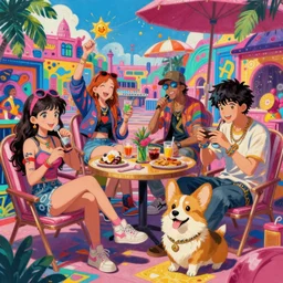 beautiful anime painting of sunny hiphop solarpunk royalty summertime party chill with corgi, by dao le trong, daniela uhlig, craig mullins, craig davison. trending on artstation, 8 k, masterpiece, graffiti paint, fine detail, full of color, intricate detail, golden ratio illustration