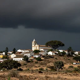 an italian town on a hill, in the midst of the desert of pernambuco. italian architecture, huge tropical trees, dark, atmospheric, stormy weather, gustave dore 1 8 6 5
