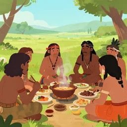 unknown tribe eating food, animated drawing