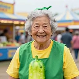 a smiling lovely cute granny in a pickle costume at the state fair background. editorial photography