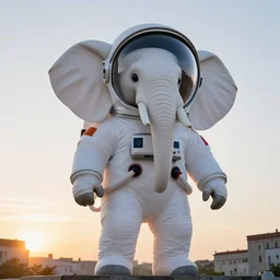giant elephant wearing white custom made american spacesuit with oversized giant helmet as astronaut animal, in legnica, sunrise, by vhs camcoder