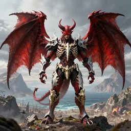 am a naranbaatar ganbold, jean giraud, artgerm, man devil in armor made of iron and dragon bones, with hellish big beautiful red devil wings, height detailed body elements, against the background of mountains, ocean, battlefield