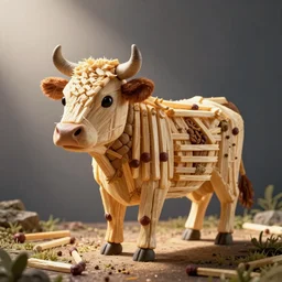 A photorealistic sculpture of a cow made from matches