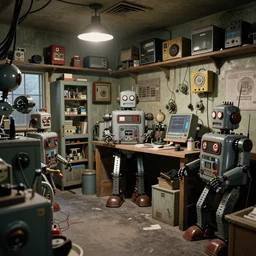 ( ( ( ( ( 1 9 5 0 s retro science fiction cluttered robot mechanics shop interior scene. muted colors. ) ) ) ) ) by jean - baptiste monge!!!!!!!!!!!!!!!!!!!!!!!!!!!!!!