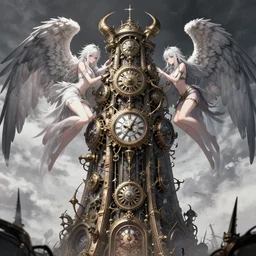 maximalist steampunk tower of god, clockwork, angelic, demonic, gapmoe yandere grimdark, trending on pixiv fanbox, painted by makoto shinkai takashi takeuchi studio ghibli, akihiko yoshida, yoshitaka amano, wangechi mutu