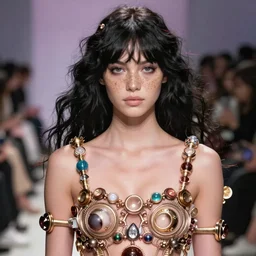 olivia wearing an outfit made from rings, at new york fashion week, cute face, lush black hair, freckles, attractive sporty physique, pale skin, portrait by greg rutkowski, stage lighting, soft colors, female beauty, intricate detail, risque fashion, elegance, 3 5 mm, depth of field, masterpiece