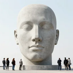 people gathered around an enormous, monolithic concrete head in the foreground of a meadow of daises, visible horizon, overcast day, no clouds, people gathered round