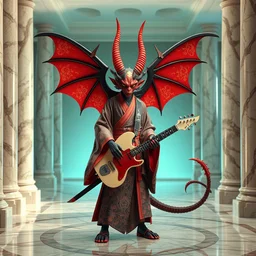 beautiful 3 d render of a giesha demon wearing a kimono + holding a guitar and samurai sword + lizards tail, innovative avant - garde art, deco fashion, photorealistic portrait, crisp quality and light reflections, inside a room with marble columns, transcendent, vibrant color, clean linework, finely detailed, 4 k, trending on artstation, volumetric lighting, octane render