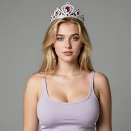 photograph of teenage blonde girl with big chest wearing a princess crown and tank top