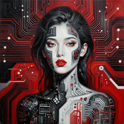 jpeg compression, 4 8 0 p, black red white features, stunning female, exposed rtx 2 0 6 0 circuitry, high detail, oil on canvas, greg rutkowksi, abstract composition, trending on artstation, psychedelic backdrop