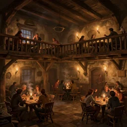 a tavern with an open balcony and wooden beams, dimly lit by torchlight and smoke. several tables and chairs are scattered around the room with some tables upstairs on the second floor, people drinking and having a good time, tavern brawl, artstation, 8 k, d & d concept art, d & d art.