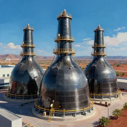 minimalist photograph of beautiful and gleaming carbon capture facility with high military security, detailed textures, hyper realistic, vibrant colors, cinematic lighting, modernist art style, digital art painting by Jordan Grimmer, cinematic, 35mm grain filter, artstation