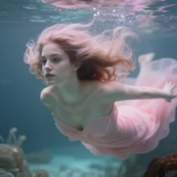 cinestill 5 0 d depht of field of a dreamy beautiful pre - raphaelite siren in style of annie liebovitz - john watherhouse, floating underwater in a dystopian environment, elegant, highly detailed, pale pink matt, soft blur, artstation, head in focus