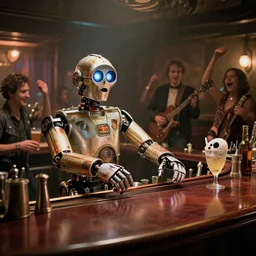 scene from a movie about a robot bartender, chappie, c 3 p 0, dingy bar, cinematic, big budget movie, moody steamy atmosphere, robot rock band, people and robots drunk and dancing, happy times, directed by denis villeneuve, cinematography by roger deakins and darius khondji
