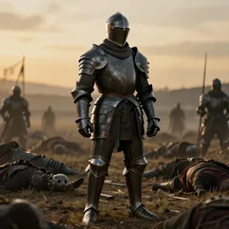 a skeleton knight in black full plate armor standing on the battlefield surrounded by dead bodies, golden hour, shallow depth of field, moody lighting, 8 k, concept art,