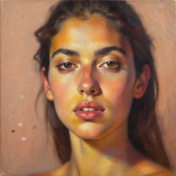 contemporary fine art portrait in daring femininity, ethnic, confident face, warm glow, bathed in morning light, captured memory, subtle impressionism, radiosity, terrazzo, mediterranean color scheme, oil on canvas
