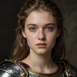 close - up portrait of beautiful young woman dressed gladiator with metallic armor, art by petrus christus