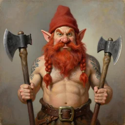 dwarf, redheaded, twin braided beard, tattooed, muscular and bare chested, holding two axes. portrait oil on canvas.