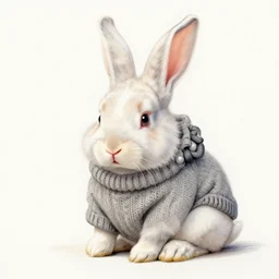 A drawing of a tired albino bunny wearing a sweater.