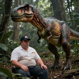 a very dull still from jurassic park ( 1 9 9 3 ) of a janitor and a fat dinosaur