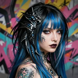 Portrait of rebel bourgeoisie adult female, fantasy, wild hair cut, colroed hair, tattoo,, black to blue fade hairstyle, dragon scales across hairline, intricate, highly detailed, digital painting, artstation, concept art, sharp focus, art by Akihiko Yoshida, Greg Rutkowski, 4k resolution, nier inspired, graffiti inspired, vibrant but dreary