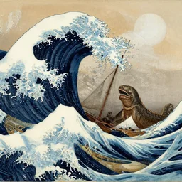 sailboat on giant wave, sea monster lurking inside wave, Leonardo DaVinci style