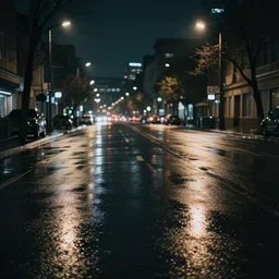night city lights reflecting on wet asphalt, moody photography
