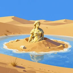 a golden salt flat surrounded by dunes with a ruined statue of a woman emerging from the blue sand, illustrated, epic composistion, surreal flat colors, concept art