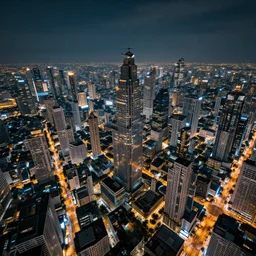 sci - fi bangkok cityscape. wide angle night photo. helicopter view. exaggerated detail. volumetric lighting. art by krenz cushart and wenjun lin and masamune shirow.