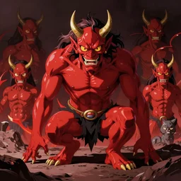 red cartoon demons in a takashi murakami art style
