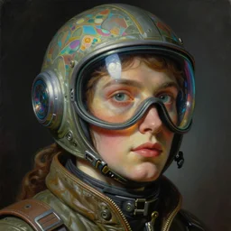 baroque neoclassicist close - up portrait of a neofuturistic cyberpunk pilot wearing a visor iridescent textures. highly detailed science fiction painting by norman rockwell, frank frazetta, and syd mead. rich colors, high contrast, gloomy atmosphere. trending on artstation and behance.