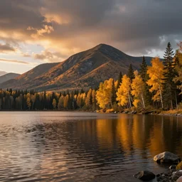amazing lake view photo of golden taiga in sunset, beautiful dramatic lighting