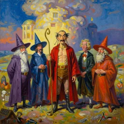 surreal image of a family of wizards dali!! meets r. crumb!!! vibrant colors oil paint on canvas