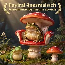 A toad seated on an amanita-colored chair, a frog in a relaxing pose manspreading on a toadstool, chair with a red polka dot pattern