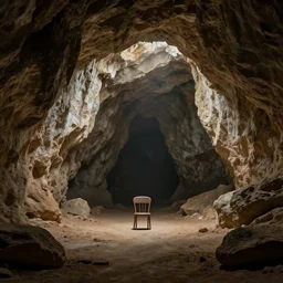 a huge cave, background a chair under a light, surreal, highly detailed, artstation, smooth, sharp focus, by greg rutkowski, 8 k