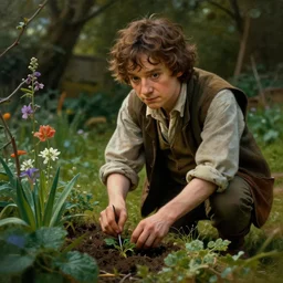 painting of bilbo baggins tending to his garden in the shire, 4 k, concept art, by wlop, ilya kuvshinov, artgerm, krenz cushart, greg rutkowski, pixiv. cinematic dramatic atmosphere, sharp focus, volumetric lighting, cinematic lighting, studio quality