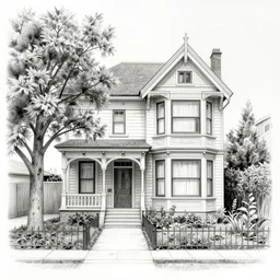 a victorian house with a tree at its left side and a garden at its right side, pencil drawing, black and white, trending on artstation, behance, deviantart, drawn by tom lovell, artgerm, jsc, j. scott campbell