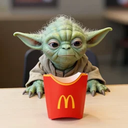 yoda, annoyed, disgruntled, yoda sitting behind a table inside mcdonald's, small red cardboard box on table, yellow m logo on box, 3 5 mm, f / 2. 8