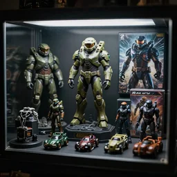 a dark gift shop display case with master chief toys figures, accessories, and vehicles. 3 5 mm f / 2. 8 macro lens. halo 2 box art 2 0 0 7
