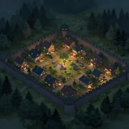 overhead view of peaceful cozy town surrounded by a large walls and a dark forest, digital art, ambient light