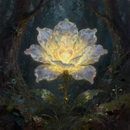 fantastical glowing flower, magical heart of the forest, mysterious, detailed render, oil paint, dark souls