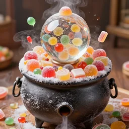 A candy-maker melts down her creations in a cauldron that is made up of different types of sweets. It looks like an old-fashioned cauldron made out of sugar, candy, gumdrops, and other sweet treats. In the center, there is a large crystal ball floating above it with various kinds of candies on top of it. The candies move around the ball. A small hole at the bottom lets steam escape from the cauldron.
